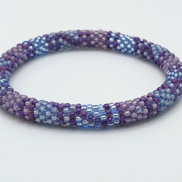 Purple & Blue AB Seed Bead Bangle Bracelet 7.25" - Picture 4 of 5